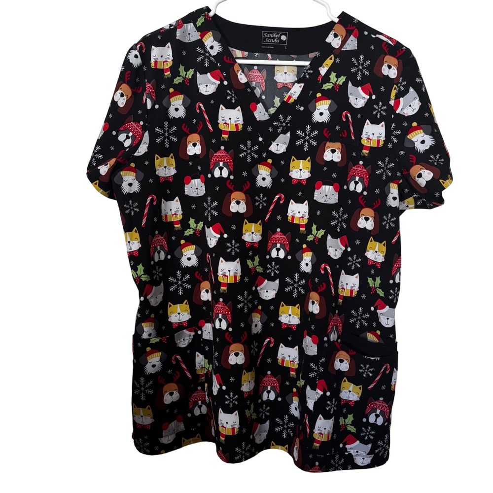 Sanibel Scrubs Women's Scrub Large V- Neck Festive Dog Cat Holiday Print